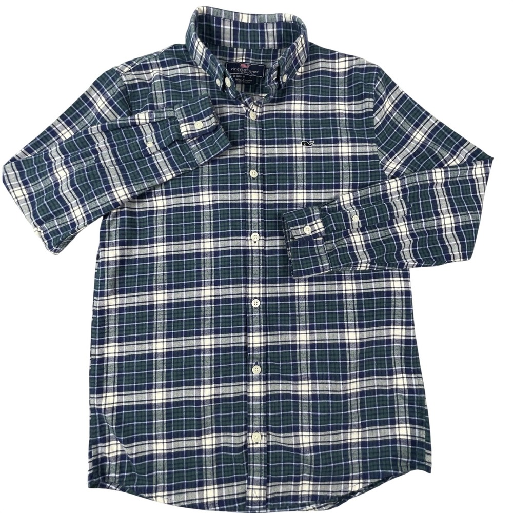 Vineyard Vines Button Down Boys M 12-14 Blue Whale Shirt Plaid Flannel Cotton